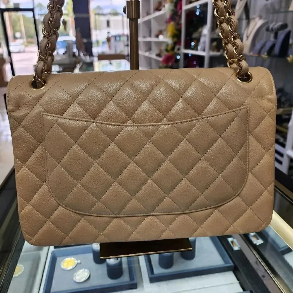 NWTS!AUTHENTIC Chanel Double Flap Beige Caviar Quilted Gold Purse/Shoulder Bag